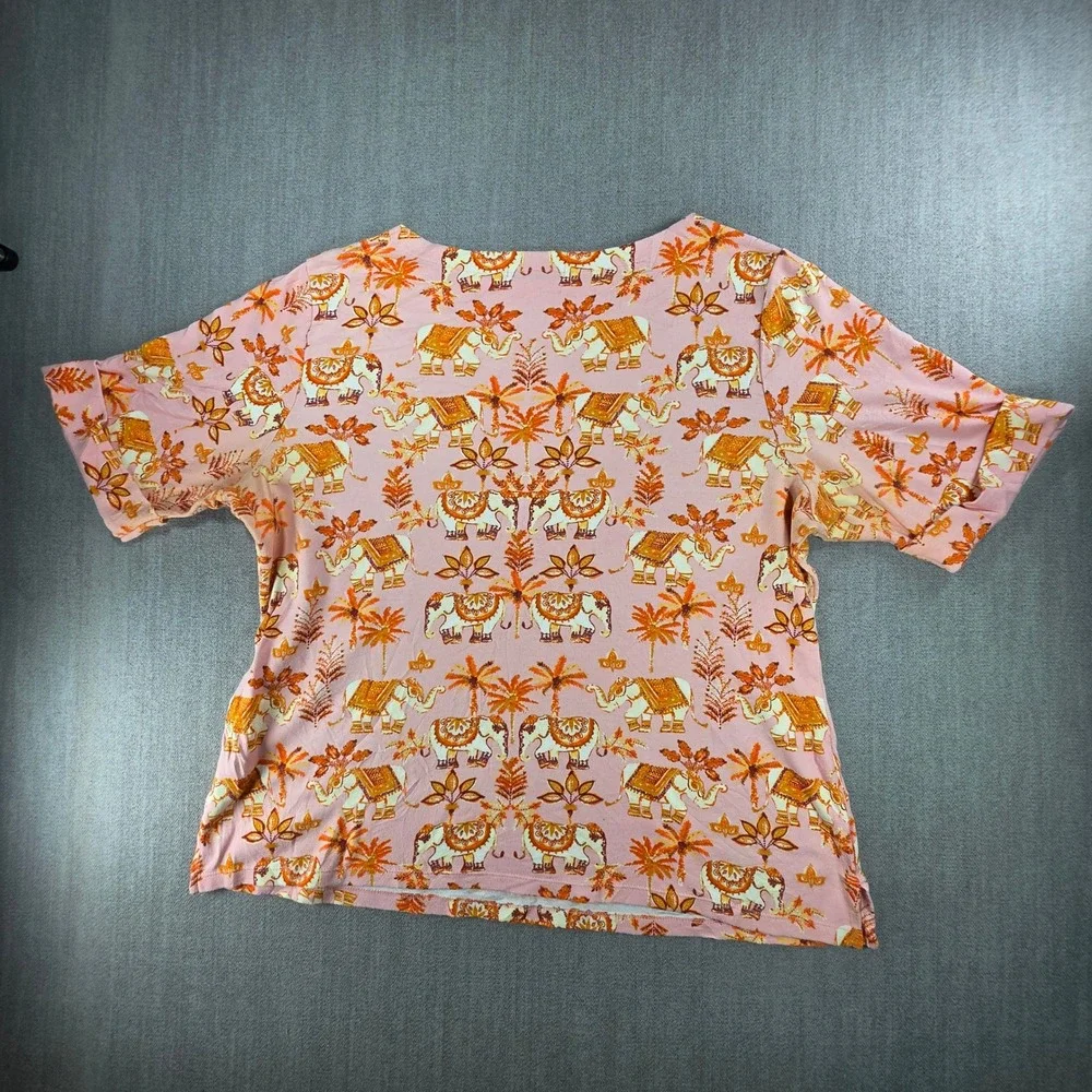 Karen Scott T-Shirt Women 2X Pink Elephant Palm Tree Print Cuffed Short Sleeve